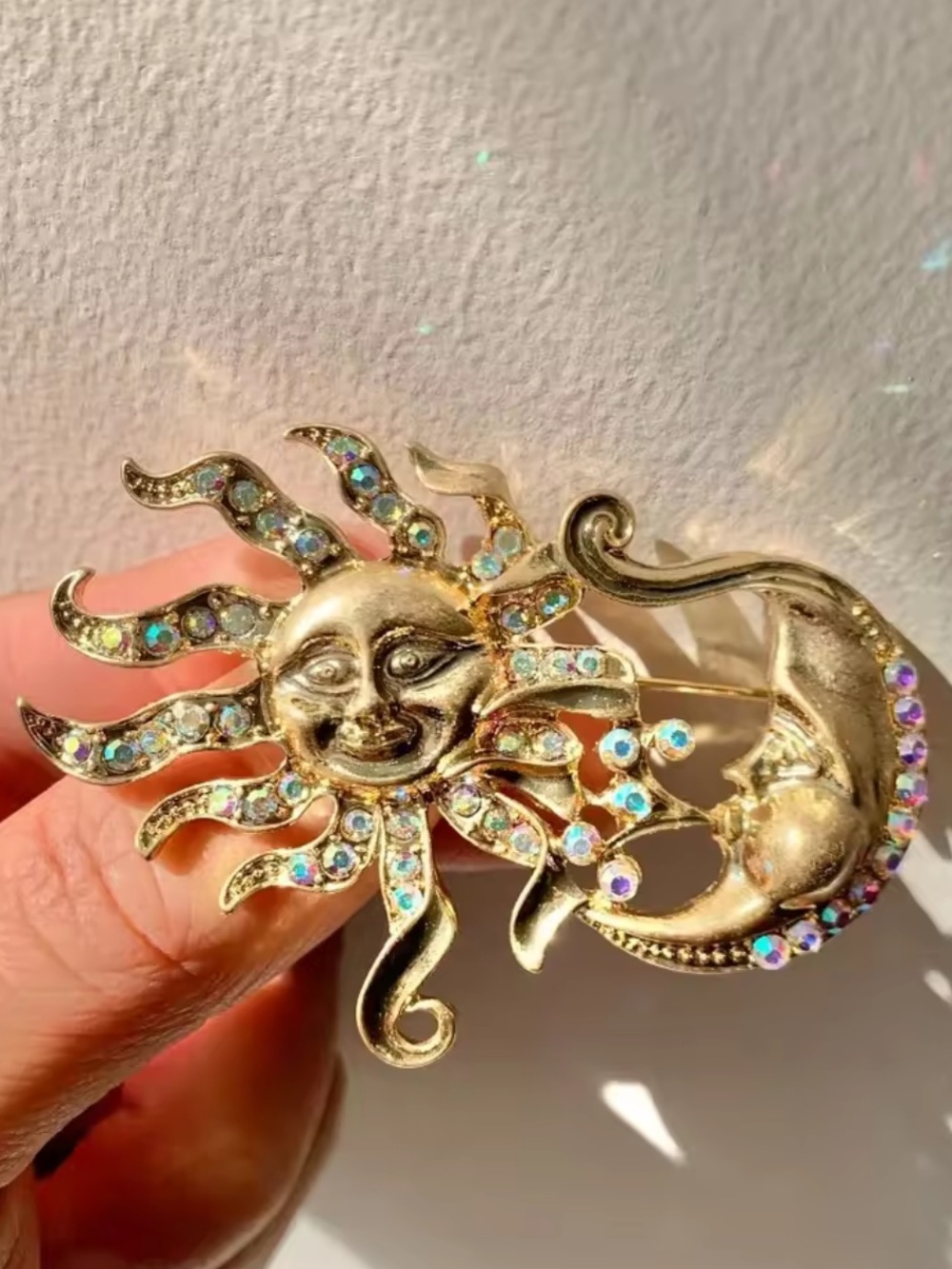 Celestial Gold Sun Moon Aurora Crystal Brooch